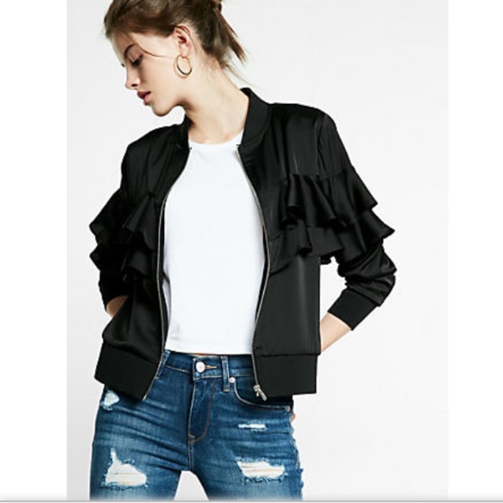 Express Petite Ruffle Bomber Jacket